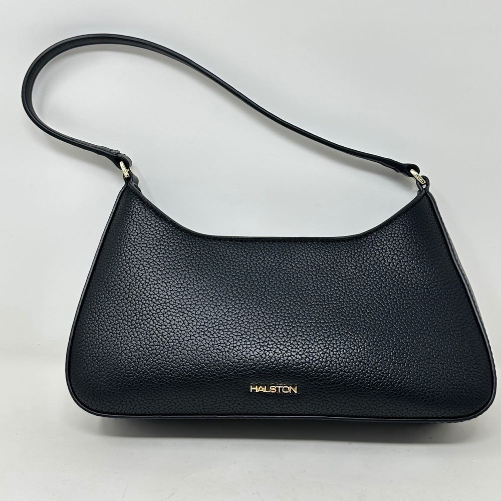 Halston Black Pebbled Faux Leather Shoulder Baguette Gold Minimalist Classic